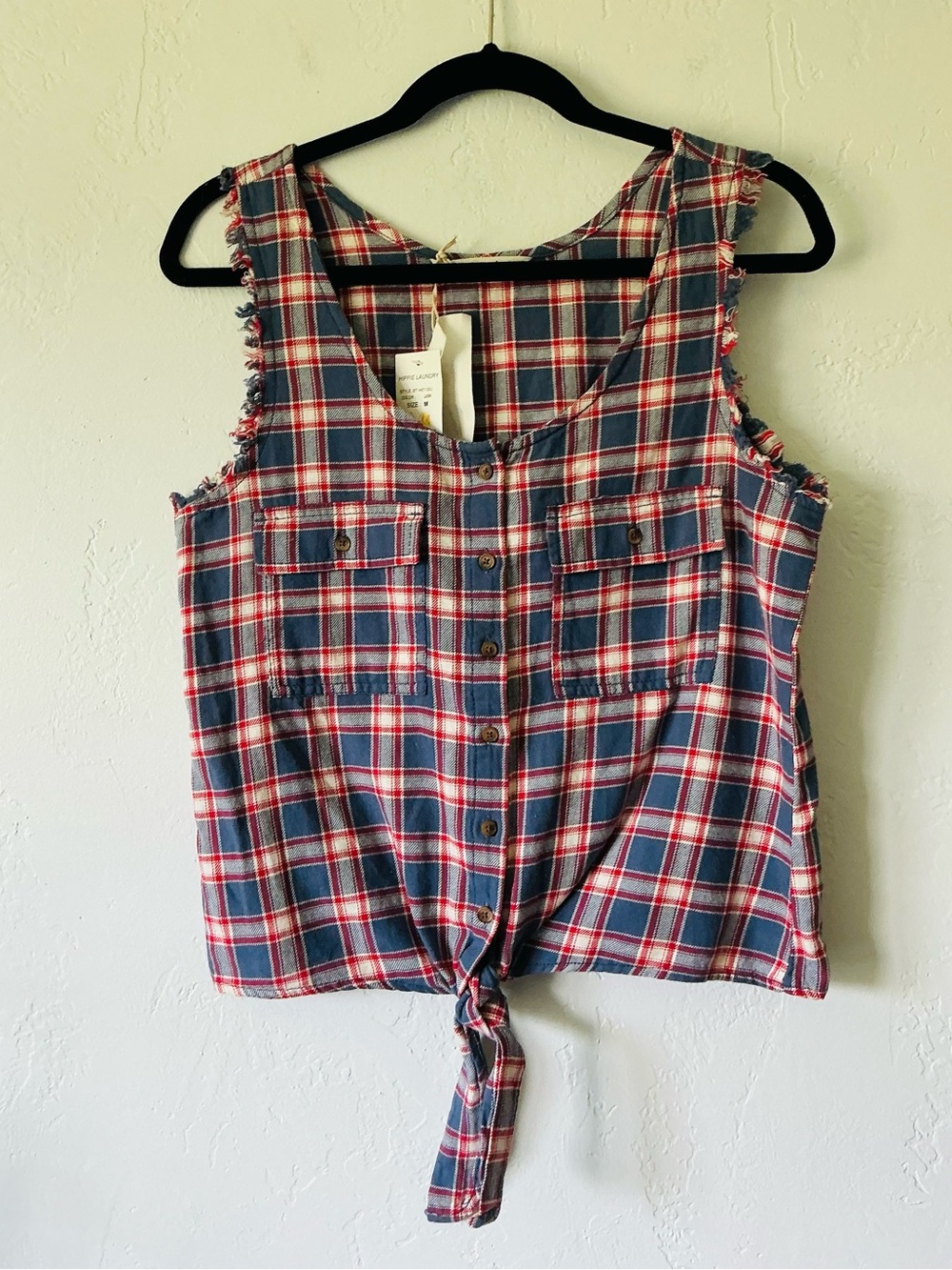 NWT Hippie Laundry Sleeveless Plaid Tie-Front Top